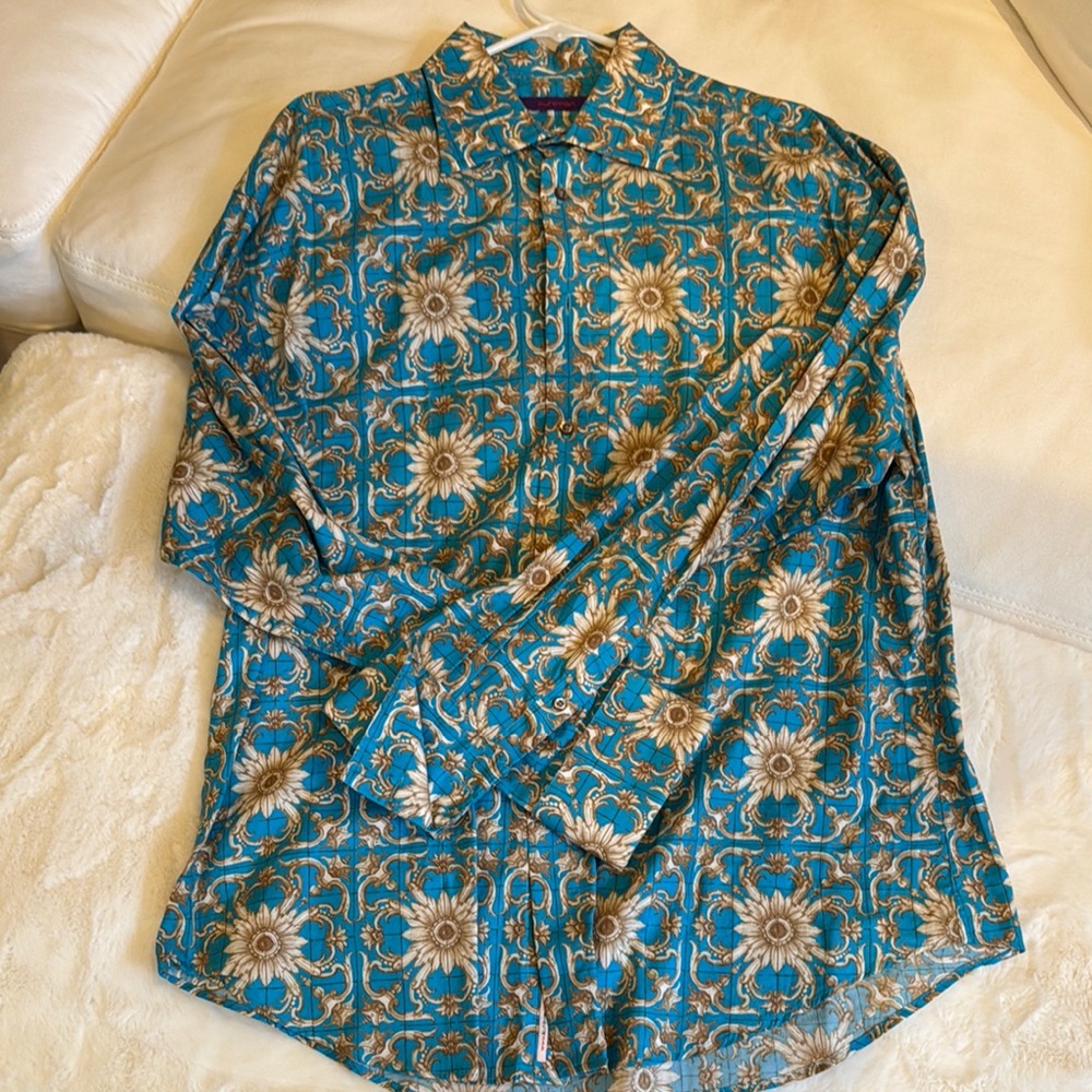 Men's Blue and Brown Patterned Shirt